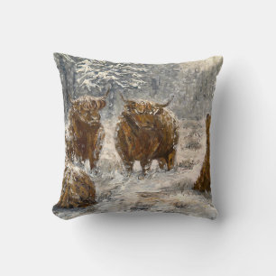 Highland-Seele: Whimsical Schnee Kühe Vintage Kissen