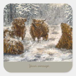 Highland-Seele: Whimsical Schnee Kühe Vintage Quadratischer Aufkleber
