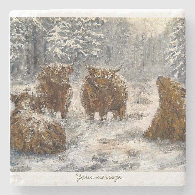  Highland Soul: Whimsical Snowy Cows Vintage Steinuntersetzer (Vorderseite)