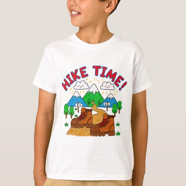 Hike Time Kids Drawing with Mountains T-Shirt (Vorderseite)