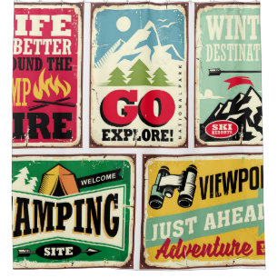Hiking and camping retro signs collection. Outdoor Duschvorhang