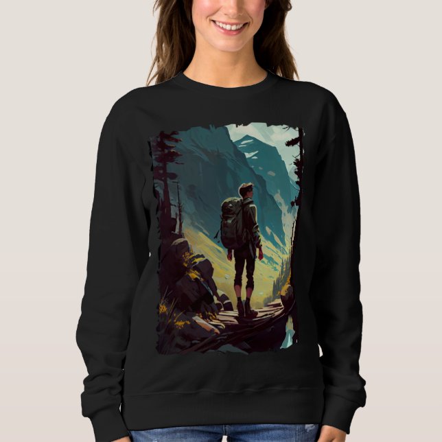 Hiking Woman mountains sunset hiker retro 70s vint Sweatshirt (Vorderseite)
