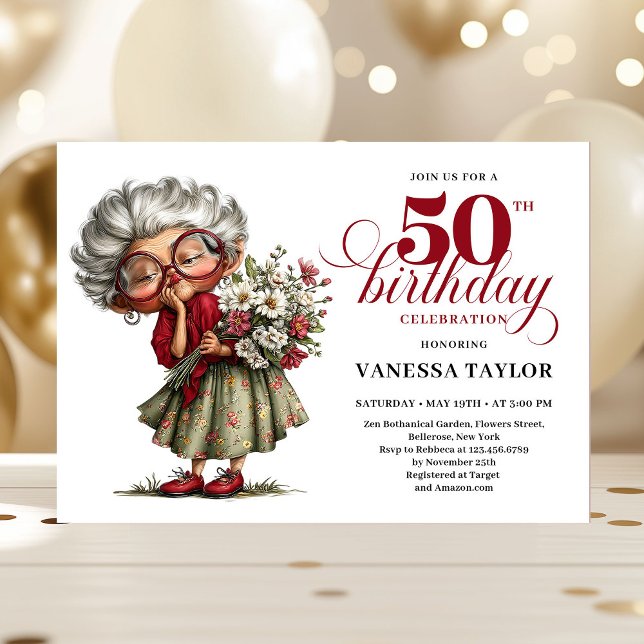 Hilarious fifty birthday lady quirky celebration einladung (Hilarious fifty birthday lady quirky celebration)