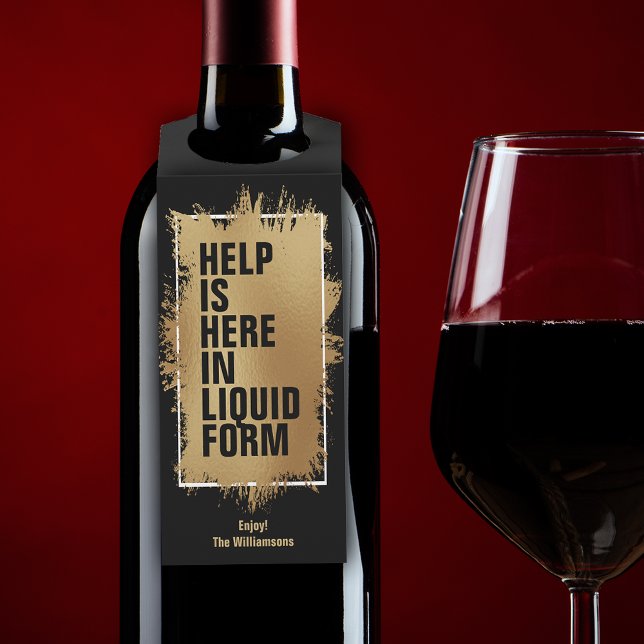 HILFE IST HIER Text Gold Foil on Black Flaschenanhänger (Von Creator hochgeladen)