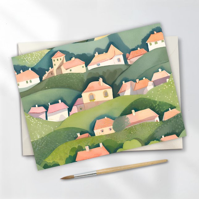 Hillside Zuhause | Nature Watercolor Airy Painting Postkarte (Von Creator hochgeladen)