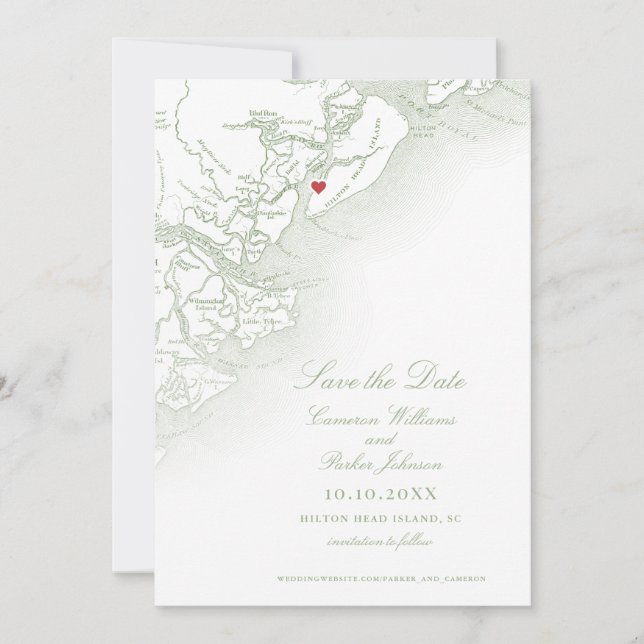 Hilton Head SC Map Sage Green Elegant Wedding Save The Date (Vorderseite)