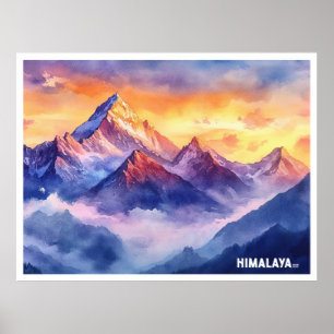 Himalaya-Berge Sonnenaufgang Aquarellmalerei Poster