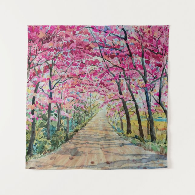 Himalaya Cherry Roadside Wasserfarbenwelt Wandteppich (Vorderseite)