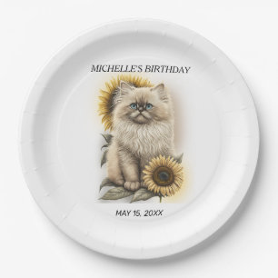 Himalayan-Kätzchen-Katze Sonnenblumen Geburtstagsn Pappteller