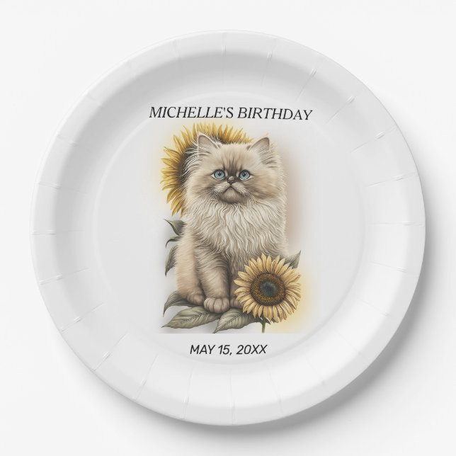 Himalayan-Kätzchen-Katze Sonnenblumen Geburtstagsn Pappteller (Vorderseite)