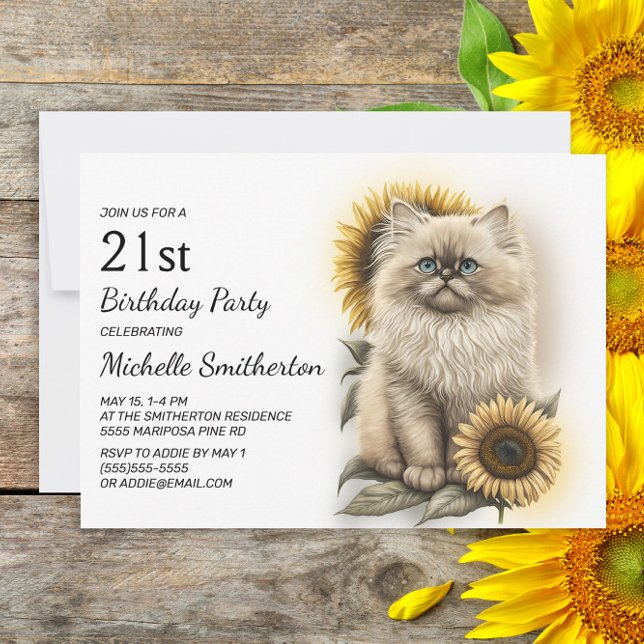 Himalayan Kitten Cat Sonnenblumen 21. Geburtstag Einladung (Von Creator hochgeladen)