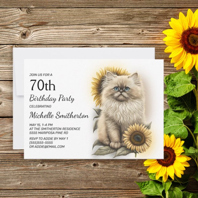 Himalayan Kitten Cat Sonnenblumen 70. Geburtstag Einladung (Von Creator hochgeladen)