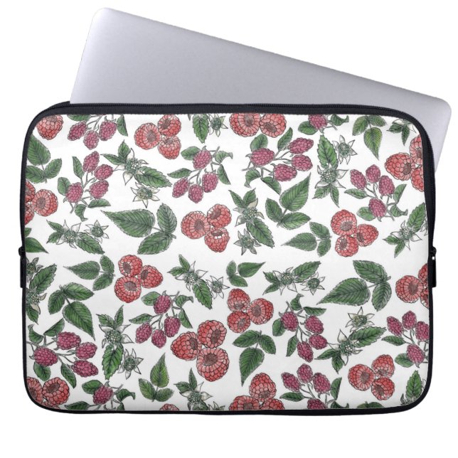 Himbeer-Frucht-Blätter-Illustrationsmuster Laptopschutzhülle (Vorderseite)