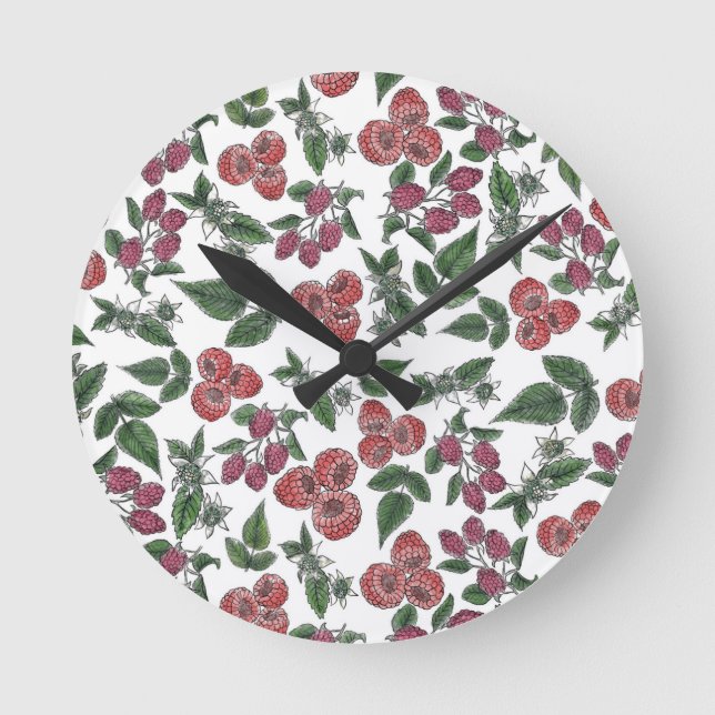 Himbeer-Frucht-Blätter-Illustrationsmuster Runde Wanduhr (Vorderseite)