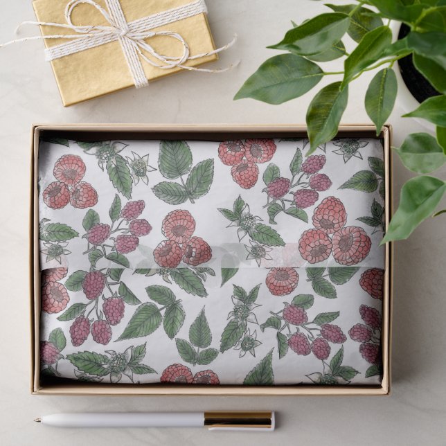 Himbeer-Frucht-Blätter-Illustrationsmuster Seidenpapier (Geschenk)