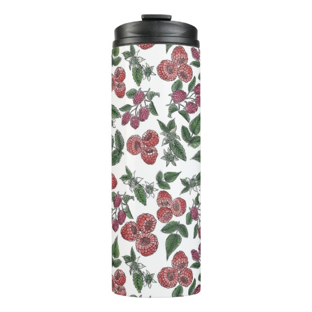 Himbeer-Frucht-Blätter-Illustrationsmuster Thermosbecher (Vorderseite)
