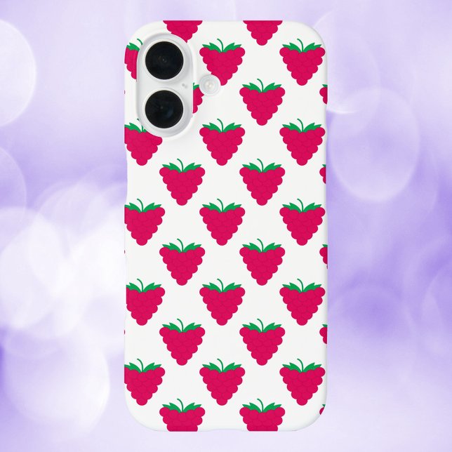 Himbeer-Rosa-Frucht-Beeren-Muster Case-Mate iPhone Hülle (A phone case with a pattern of pink raspberries with green stems.)