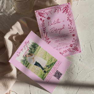 Himbeer-Rosa QR-Code gezeichnete florale Foto-Hoch Einladung