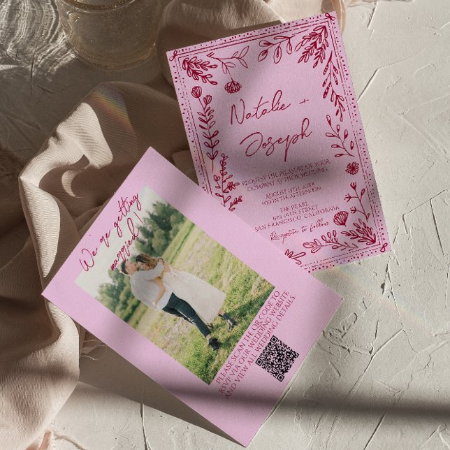 Himbeer-Rosa QR-Code gezeichnete florale Foto-Hoch Einladung (Von Creator hochgeladen)