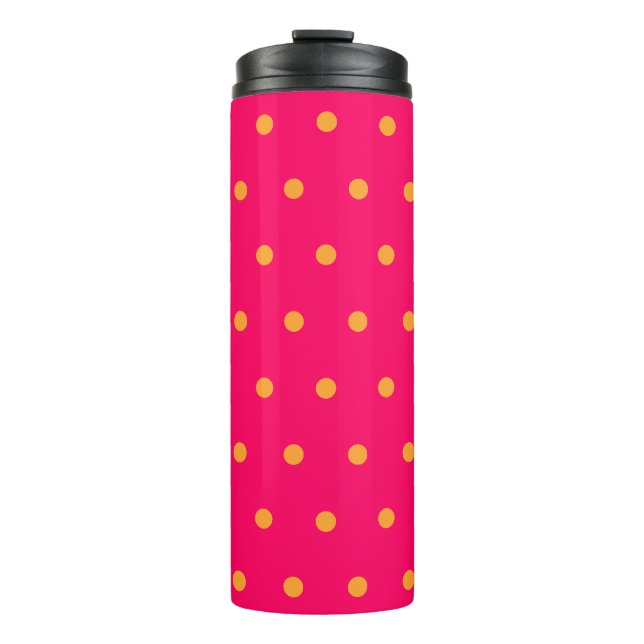 Himbeer- und orangefarbene Polka-Punkte Thermosbecher (Vorderseite)