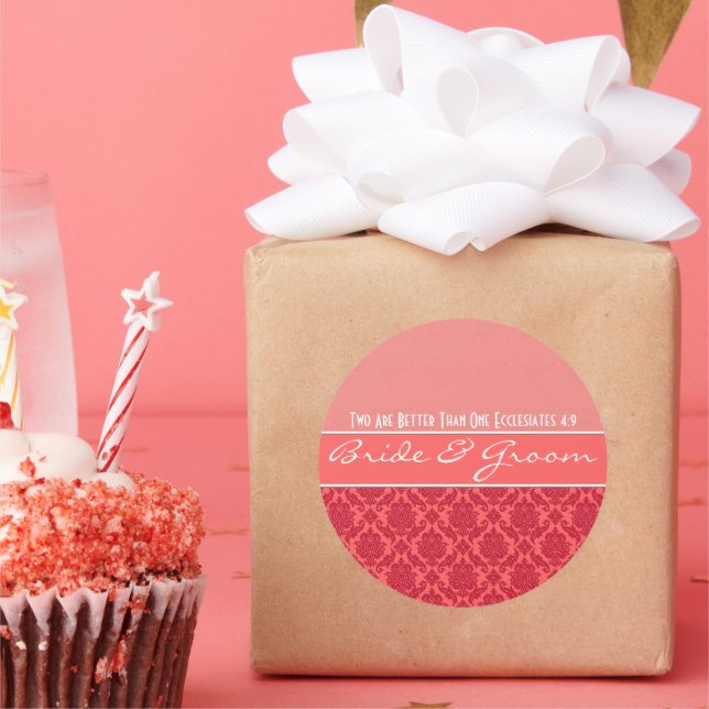 Himbeere auf rosa KorallenDamast Hochzeitskleber Runder Aufkleber (Party)