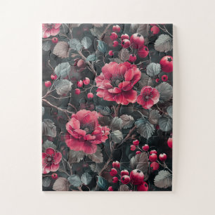 Himbeere, burgunderrote Blumen auf dunkelgrau Puzzle