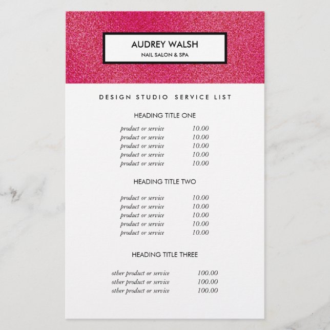 Himbeere Glitzer Weißer Salon Preise & bServices Flyer (Vorne)