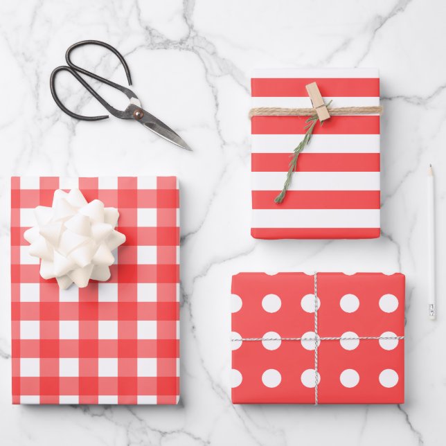 Himbeere Red White Gingham Dots Stripte Matching Geschenkpapier Set (Vorderseite)