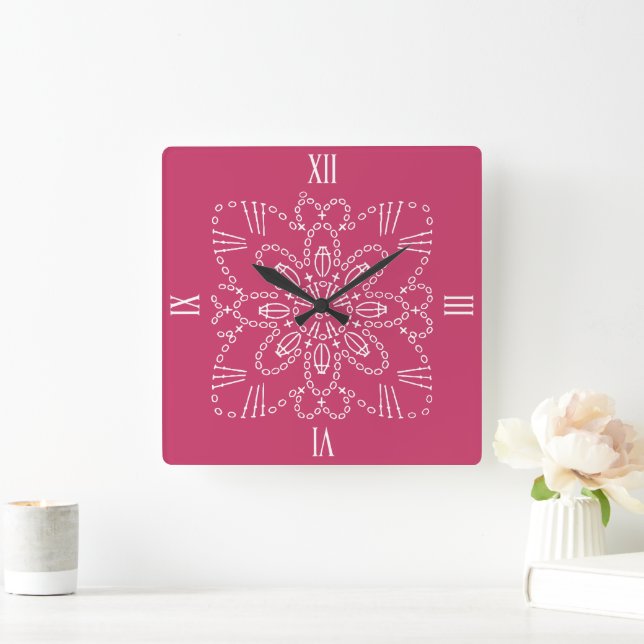 Himbeere Rosa Crochet Chart Square Wall Clock Quadratische Wanduhr (Zuhause)