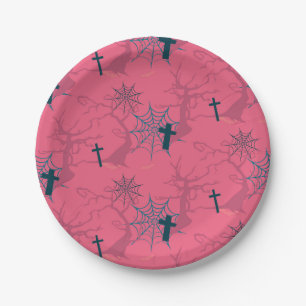 Himbeere Rosa Spinnennetz, graue Bäume und Grab Pappteller
