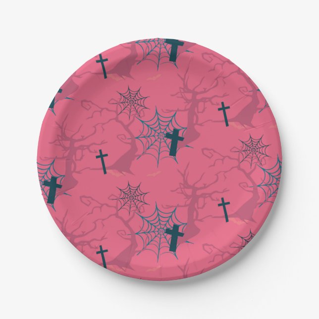 Himbeere Rosa Spinnennetz, graue Bäume und Grab Pappteller (Vorderseite)