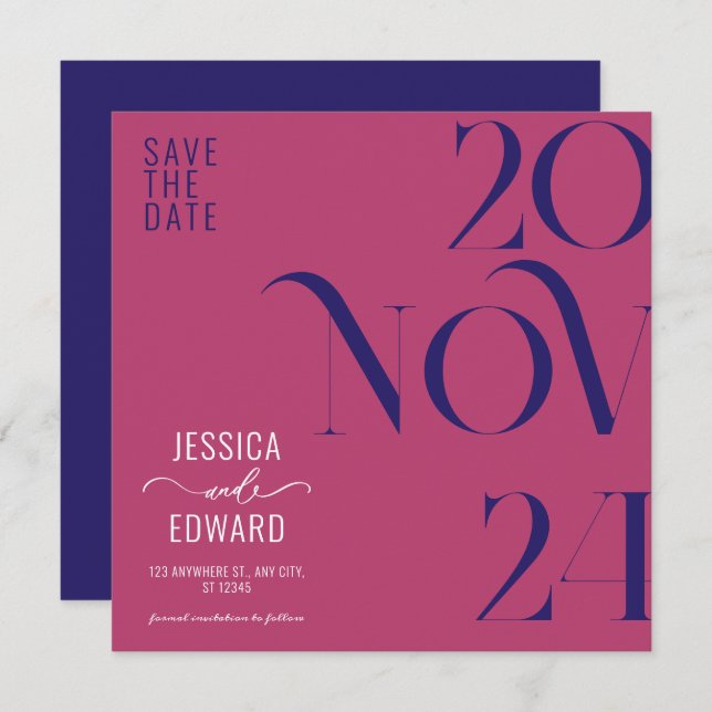 Himbeere Rose und Dunkelblauer Retro Moderner Mini Save The Date (Vorne/Hinten)