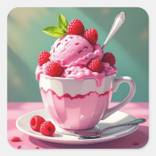 Himbeereis in einem rosa Kaffeebecher Quadratischer Aufkleber