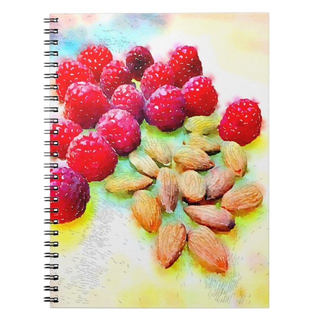 Himbeeren Almonds Gesunde Snack Aquarell Notizblock (Vorderseite)