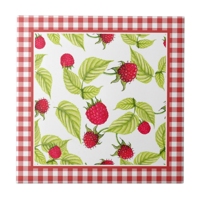 Himbeeren auf Red Gingham Fliese (Vorderseite)