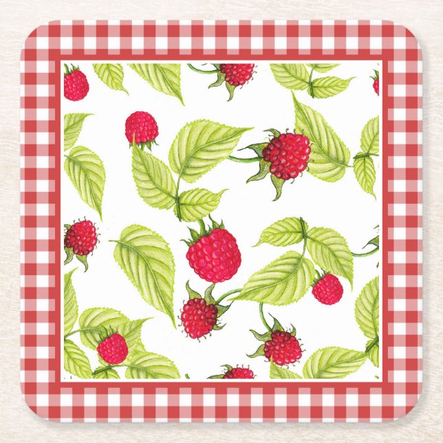 Himbeeren auf Red Gingham Rechteckiger Pappuntersetzer (Vorderseite)