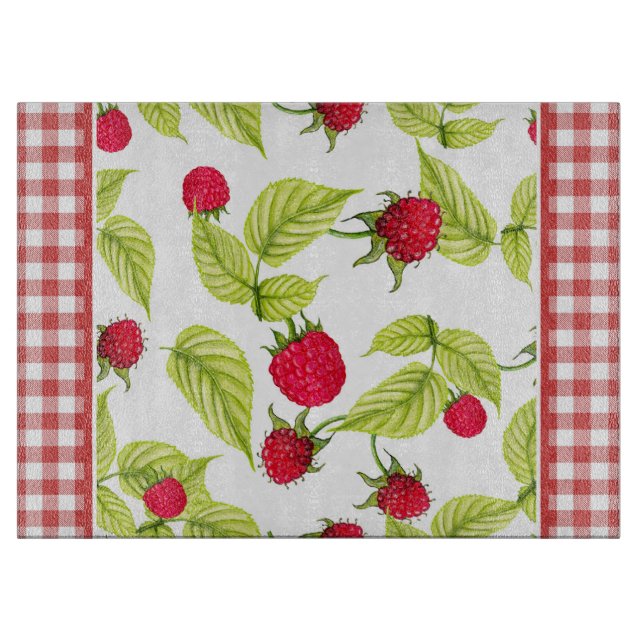 Himbeeren auf Red Gingham Schneidebrett (Vorderseite)