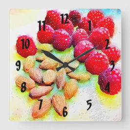 Himbeeren und Mandeln Quadratische Wanduhr
