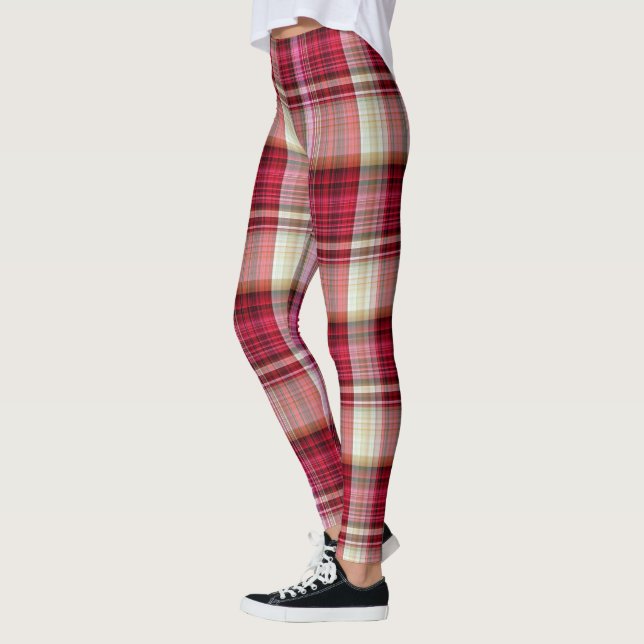 Himbeerrosa Creme u. roter großer Tartan kariert Leggings (Links)