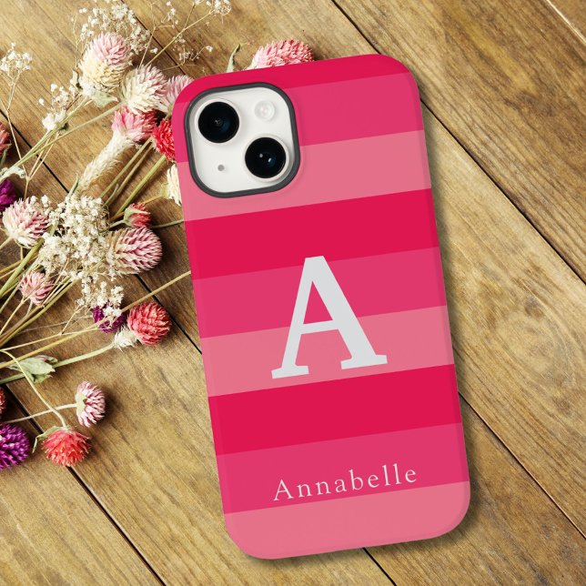 Himbeerrosa Streifen, benutzerdefinierte Monogramm Case-Mate iPhone Hülle (Von Creator hochgeladen)