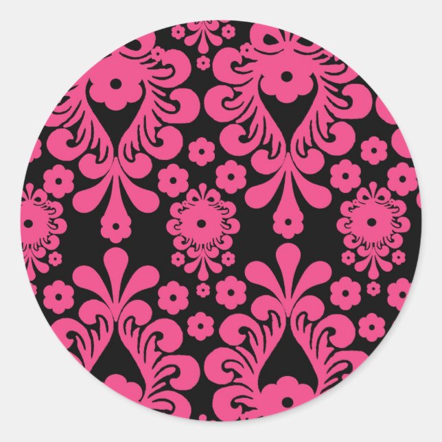 Himbeerrot-rosa Mod-Damast Runder Aufkleber (Vorderseite)
