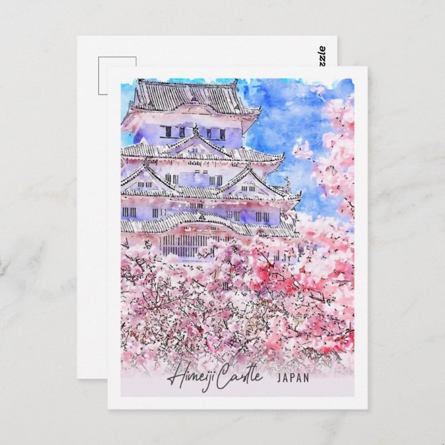 Himeiji Castle Japan Reisplatz Wasserfarbe Postkarte (Vorne/Hinten)