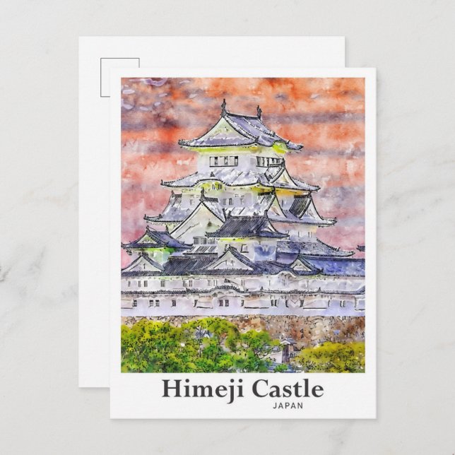 Himeji Castle Japan Reisen Wasserfarben Hand gezog Postkarte (Vorne/Hinten)