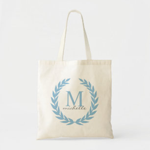 Himmel-Blau-Lorbeer-Rahmen-Monogramm Tragetasche