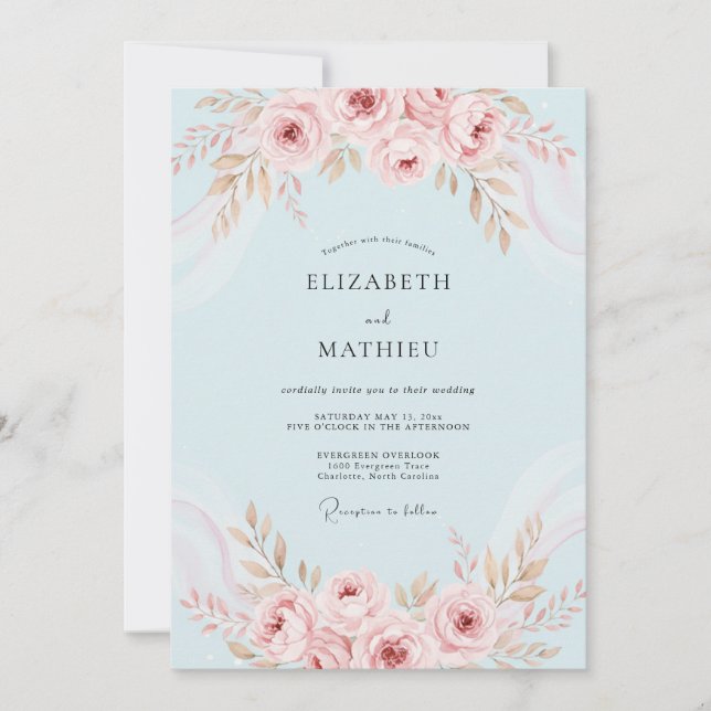 Himmel Rosa Pfingstrosenbogen-Hochzeit Einladung (Vorderseite)