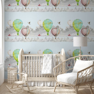 Himmel Wolken Heißluftballons Vögel Grün Blau Tapete