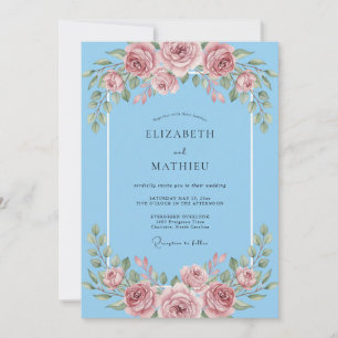 Himmelblaßroséfarbene Pfingstrosen-Hochzeit Einladung