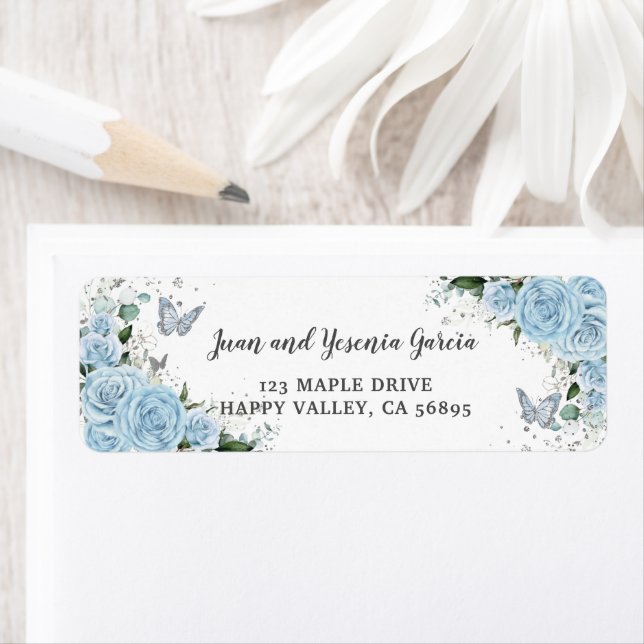 Himmelblau Florale Silber Quinceañera Rücksendeadr (Insitu)