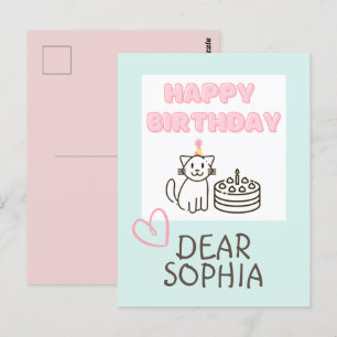 Himmelblau & Rosa Happy Birthday Katze Postkarte
