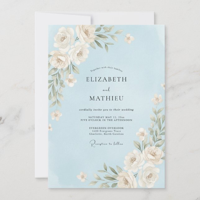 Himmelblau Rosenhochzeit Einladung (Vorderseite)